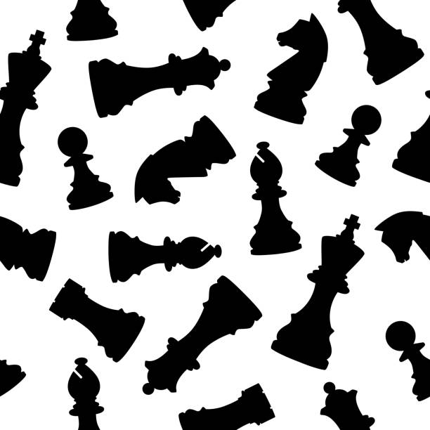 Black Chess Pieces Seamless Pattern Vector seamless pattern of black chess pices on a square white background. chess backgrounds stock illustrations