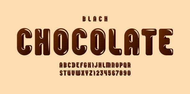 stockillustraties, clipart, cartoons en iconen met zwart chocolade glanzend lettertype, bruin alfabet in de tekenfilmstijl, smakelijke afgeronde letters van a tot z en getallen van 0 tot 9 voor u ontwerpen, vector illustratie 10eps - chocolade