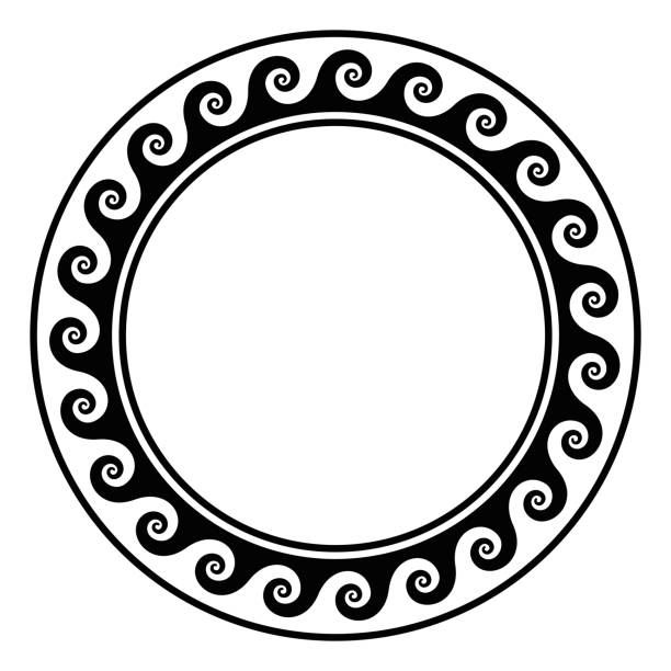 Black circle frame with running dot pattern Black circle frame with running dot pattern. Seamless spiral meander design. Waves shaped into repeated motif. Scroll pattern. Decorative border. Also called Vitruvian wave or Vitruvian scroll. Vector running borders stock illustrations