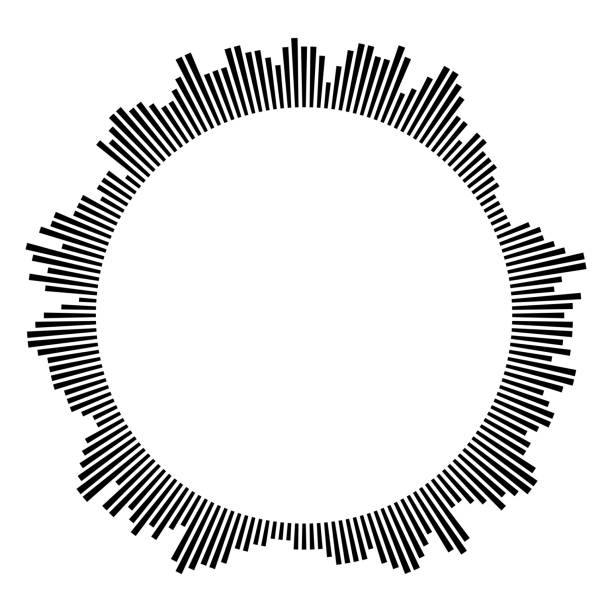 Black circular frame on white background. Round shape. Radial black concentric particles. Black circular frame on white background. Round shape. Radial black concentric particles. Black ring of short thin rays. Sound wave. Sun ray or star burst element. Vector monochrome illustration. speed borders stock illustrations
