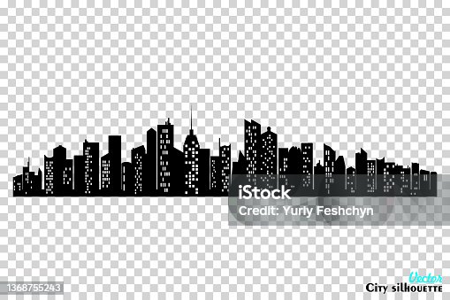 istock Black city silhouette with windows on transparent background. Horizontal skyline in flat style. Vector cityscape, urban panorama of night town 1368755243