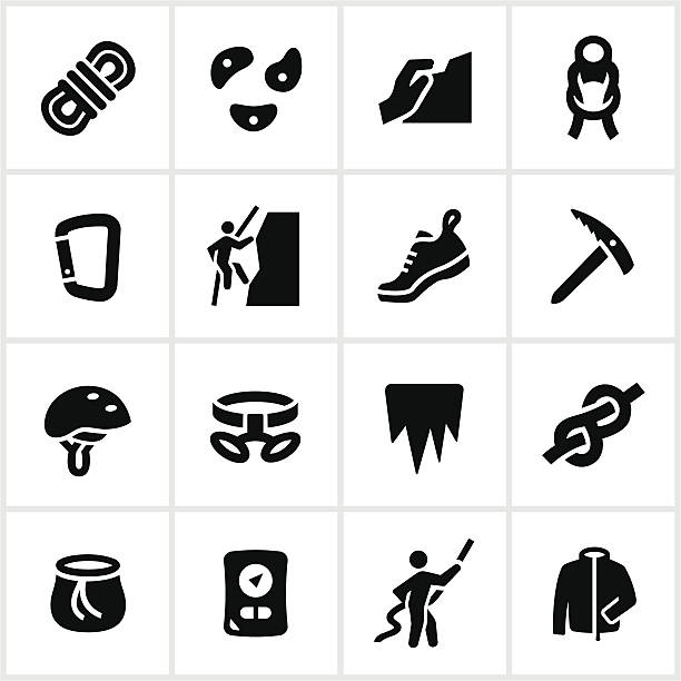 Black Climbing Icons Mountain and ice climbing icons. All white strokes and shapes are cut from the icons and merged allowing the background to show through. safety equipment stock illustrations