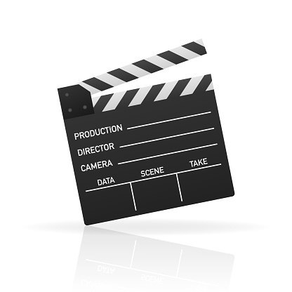 Black closed clapperboard. Black cinema slate board, device used in filmmaking and video production. Realistic illustration.