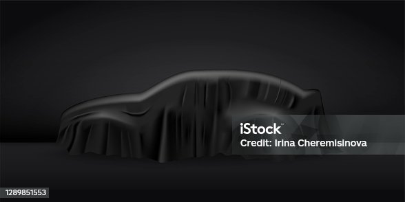istock Black cloth drapery covering car. Silk fabric hanging on gift for surprise reveal vector illustration. Hidden car under veil decoration on dark background. Mysterious presentation event 1289851553