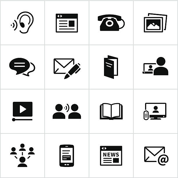 Black Communication Methods Icons Communication Icons. All white strokes/shapes are cut from the icons and merged allowing the background to show through. brochure icons stock illustrations