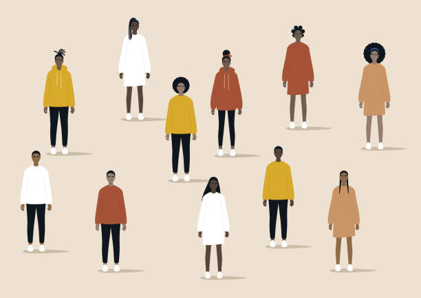 흑인 커뮤니티, 아프리카 사람들이 함께 모여, 캐주얼 한 옷과 다른 헤어 스타일을 입고 남성과 여성 캐릭터의 세트 - 서 있기 일러스트 stock illustrations