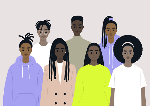 Black community, African people gathered together, a set of male and female characters wearing different clothes and hairstyles