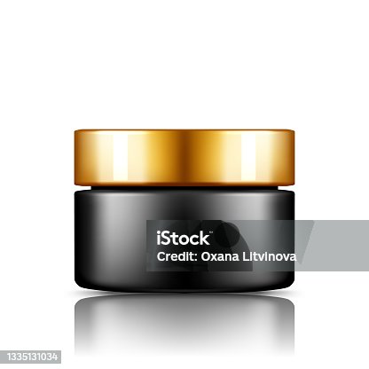 istock Black cosmetic jar with silver cap mockup isolated from background lotion, cream, powder 1335131034