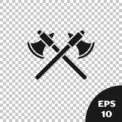 Black Crossed medieval axes icon isolated on transparent background. Battle axe, executioner axe.  Vector Illustration