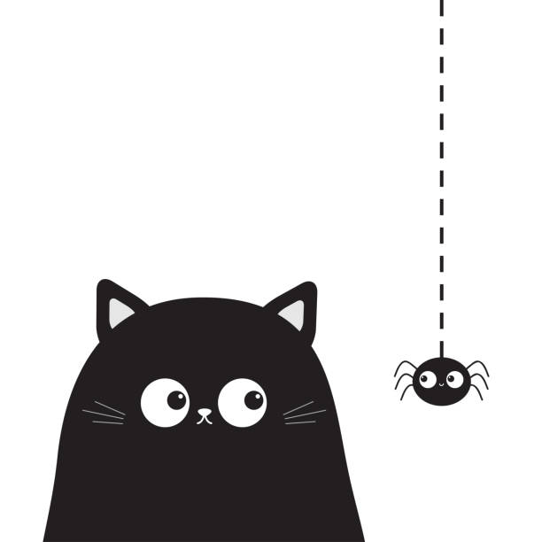 Black cute sitting cat kitten face head looking on hanging spider. Cartoon kitty funny character. Kawaii animal. Halloween Greeting card. Flat design. White background Isolated. Black cute sitting cat kitten face head looking on hanging spider. Cartoon kitty funny character. Kawaii animal. Halloween Greeting card. Flat design. White background Isolated. Vector illustration cute spider stock illustrations