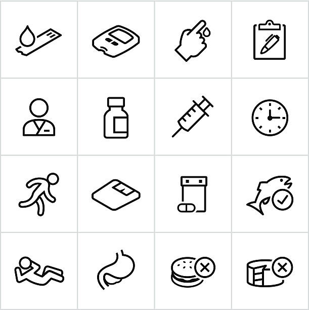 Black Diabetes Icons - Line Style Diabetes, Diabetic, Healthcare Icons. All strokes/lines expanded and merged. chronic pain stock illustrations
