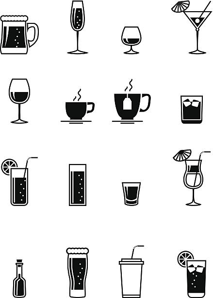 Black drinks icon Set of a black drinks icon of pint,beer,champagne,cognac,martini,wine,coffee,tea,whiskey,juice,coke,shot,tequila,cocktail,brandy,milk shake,soda vector illustration design elements.File contain EPS8 and large JPEG cocktail symbols stock illustrations