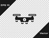Black Drone flying icon isolated on transparent background. Quadrocopter with video and photo camera symbol. Vector.