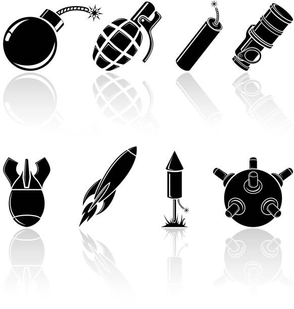 Black explosive icons Set of black explosive icons, illustration. firework explosive material stock illustrations