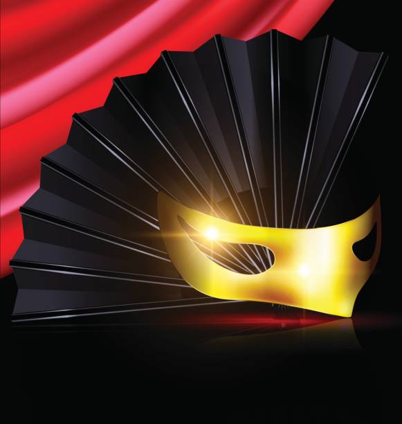 black fan and yellow mask dark background, red drape and the black fan with golden yellow half-mask flag half mast stock illustrations