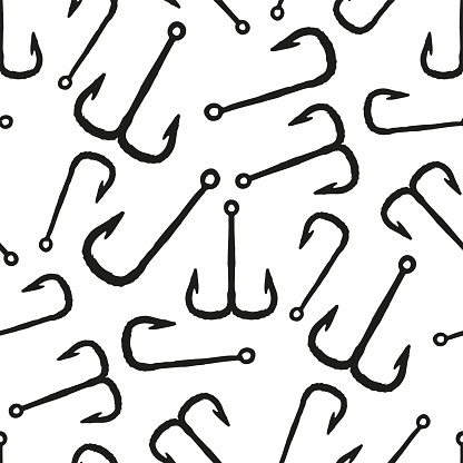 Black fishing hooks isolated on white background. Monochrome ink seamless pattern. Vector flat graphic hand drawn illustration. Texture.