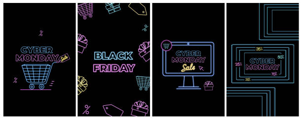 Black Friday deal. Cyber Monday Sale. Online shopping , internet ads in neon style. E-commerce. Slashing price. Set of promotional banners Black Friday deal. Cyber Monday Sale. Online shopping , internet ads in neon style. E-commerce. Slashing price. Set of promotional banners. cyber monday stock illustrations