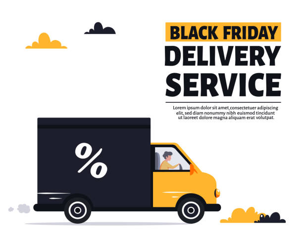 Black friday delivery service. Courier riding van. Vector illustration Vector illustration for cards, icons, postcards, banners, logotypes, posters and professional design. truck borders stock illustrations