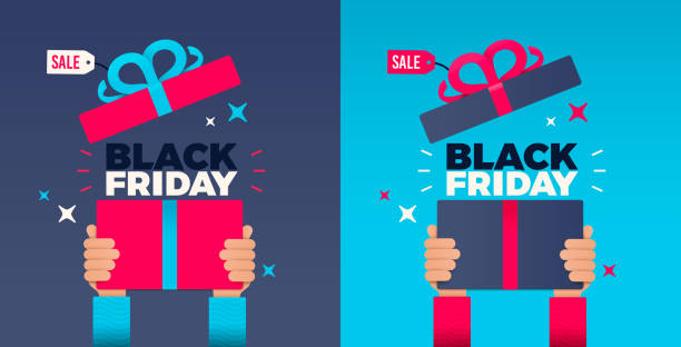 ilustraciones, imágenes clip art, dibujos animados e iconos de stock de negro viernes manos sosteniendo regalo de vacaciones - black friday shoppers