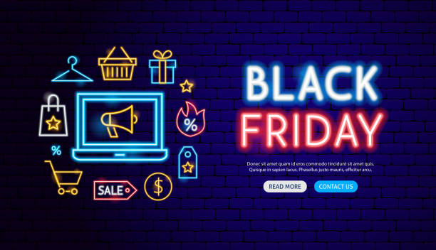 ilustraciones, imágenes clip art, dibujos animados e iconos de stock de diseño de banner viernes negro neón - black friday shoppers
