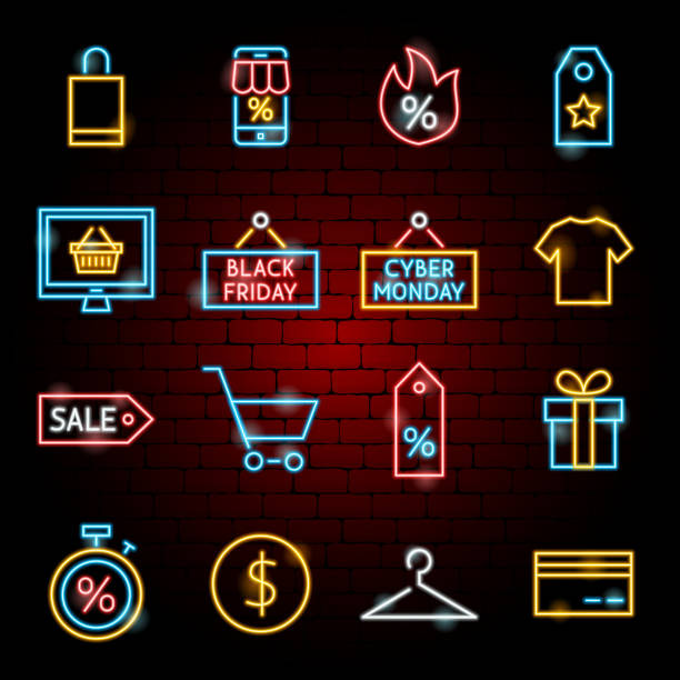 Black Friday Neon Icons Black Friday Neon Icons. Vector Illustration of Shopping Sale Symbols. black friday shoppers stock illustrations