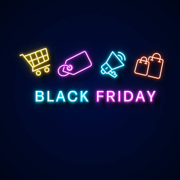 ilustraciones, imágenes clip art, dibujos animados e iconos de stock de black friday estilo neón, elementos de diseño - black friday shoppers