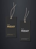 Black Friday price tags with sale mockup template set. Rectangle cards with grey strings for clothes with gold and silver text. Stickers on black background vector illustration. Realistic design