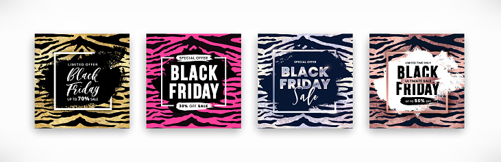 Black friday sale banner designs set with black grunge brush strokes on tiger skin striped texture background. Vector social media pink, golden, silver, rose gold glitter templates collection