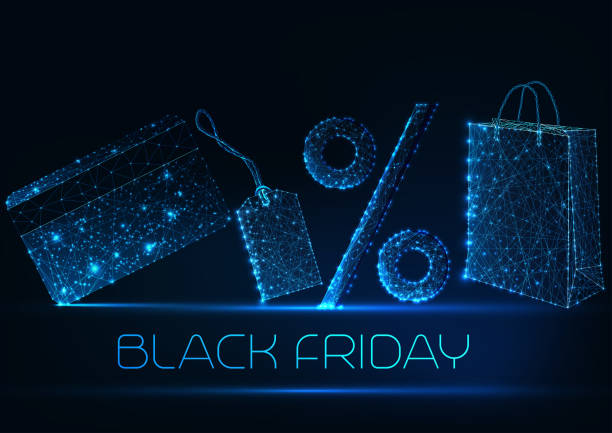 Black Friday sale concept with glowing low poly shopping bag, price tag, percentage and credit card Futuristic black Friday sale concept with glowing low polygonal paper shopping bag, price tag, percentage sign and credit card on dark blue background. Modern wire frame design vector illustration. black friday shoppers stock illustrations