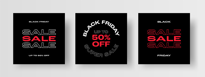 Collection of Vector Design Templates for Black Friday Sale Promotion Ads. Modern Black Friday Text on Black Background