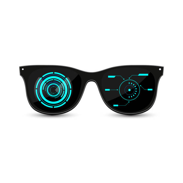 Black futuristic hipster sunglasses with dark glass and HUD interface on white background. Black futuristic hipster sunglasses with dark glass and HUD interface on white background. Vector illustration. futuristic clipart stock illustrations