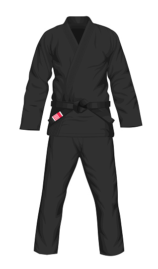 BJJ black Gi flat vector illustration. Kimono and pants with black belt vector illustration in flat style. Brazilian Jiu-Jitsu kit. Isolated. on black background.