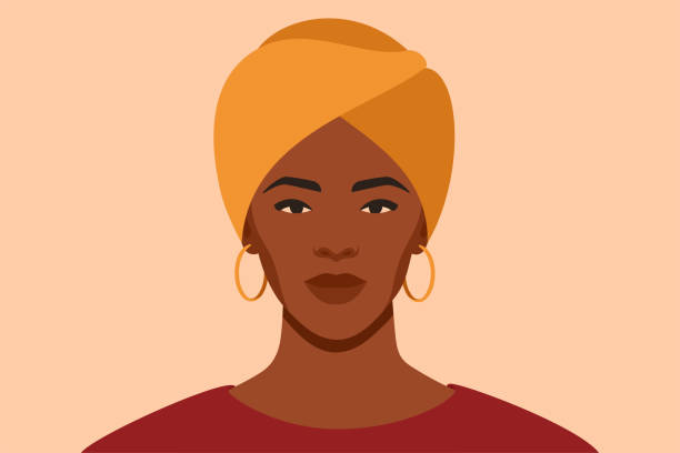 Black girl is wearing a yellow turban. African female with a scarf on her head. Black girl is wearing a yellow turban. Self-confident young woman with brown skin in traditional headdress portrait front view. Vector illustration. African female with a scarf on her head. woman portrait stock illustrations
