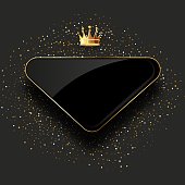 black glass label with golden crown isolated on black background. Luxury template design. Vector premium icon design.