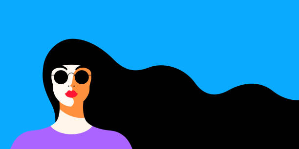 Black hair girl sunglasses Illustration of beautiful woman with black hair in sunglasses on blue background hair stock illustrations