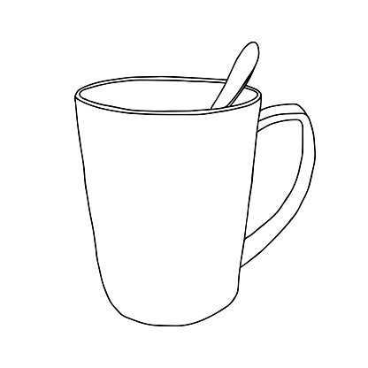 Black hand drawing illustration of a cup with hot tea or coffee isolated on a white background with a spoon