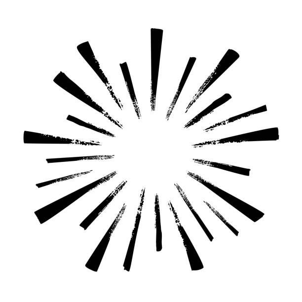 白い背景に孤立した花火の黒い手描きの光線。ヴィンテージサンバースト爆発。 - 爆発点のイラスト素材／クリップアート素材／マンガ素材／アイコン素材