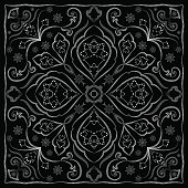 Black handkerchief with white ornament. Square ornament for print on fabric, vector illustration.