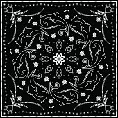 Black handkerchief with white ornament. Square pattern for print on fabric, vector illustration.