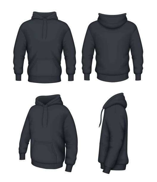 Black Hoodie vector Black hoodie with pockets set. Vector illustration. hooded shirt stock illustrations