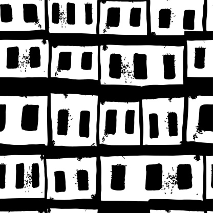 Black houses favela isolated on white background. Cute monochrome seamless pattern. Vector simple flat graphic hand drawn illustration. Texture.