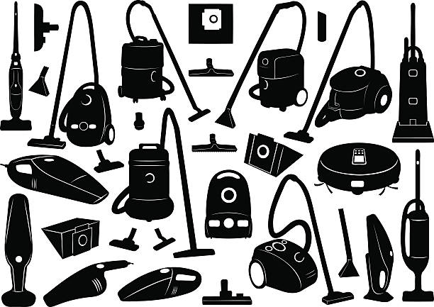 Black icons of vacuum cleaners on white background Set of different vacuum cleaners isolated robot silhouettes stock illustrations