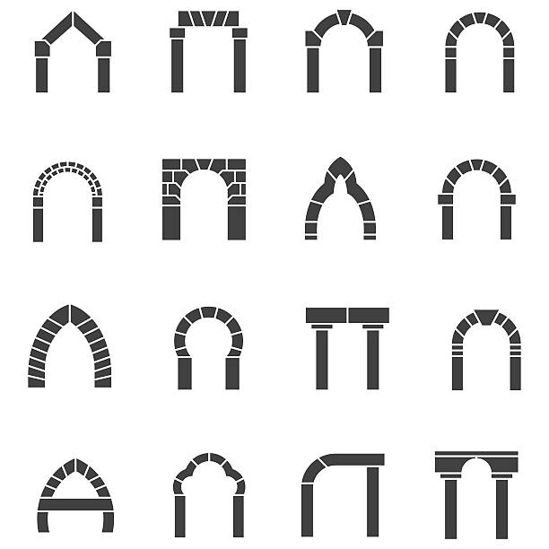 Black icons vector collection of arches Set of black silhouette vector icons for different types of arch on white background. arch architectural feature illustrations stock illustrations