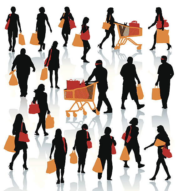 Black illustrations of people shopping with colored bags Set of people silhouettes. Happy shopping people holding bags with products. EPS 10.. supermarket silhouettes stock illustrations