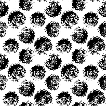 Black ink circles, spots, balls isolated on white background. Monochrome geometric seamless pattern. Vector simple flat graphic hand drawn illustration. Texture.
