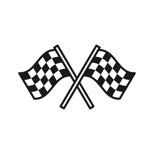 白色背景上的格子標誌的黑色隔離輪廓圖示。兩個揮舞著運動旗幟的線圖示。 - 機動類運動 幅插畫檔、美工圖案、卡通及圖標