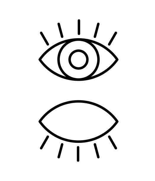 illustrations, cliparts, dessins animés et icônes de icône noire d'isolement de contour de l'oeil avec le cil sur le fond blanc. ensemble de ligne icône des yeux ouverts et fermés. vision. - oeil