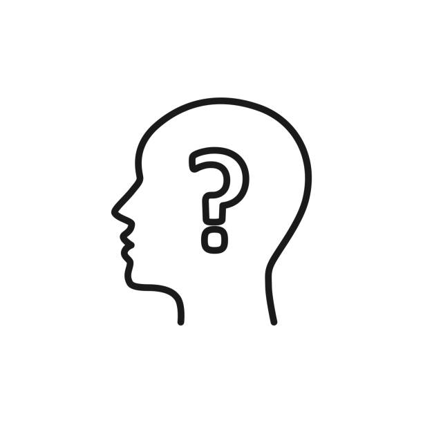 흰색 바탕에 남자와 물음표의 머리의 검은 고립 된 개요 아이콘. 사람의 머리와 물음표의 라인 아이콘입니다. 아이디어의 상징, 의심. 평면 디자인입니다. - 사람 머리 stock illustrations
