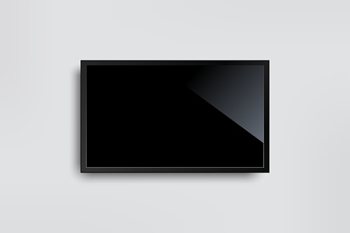 Black LED tv television screen blank on white wall background