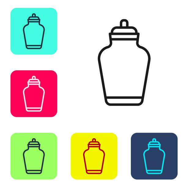 ilustrações de stock, clip art, desenhos animados e ícones de black line funeral urn icon isolated on white background. cremation and burial containers, columbarium vases, jars and pots with ashes. set icons in color square buttons. vector - covid cemiterio